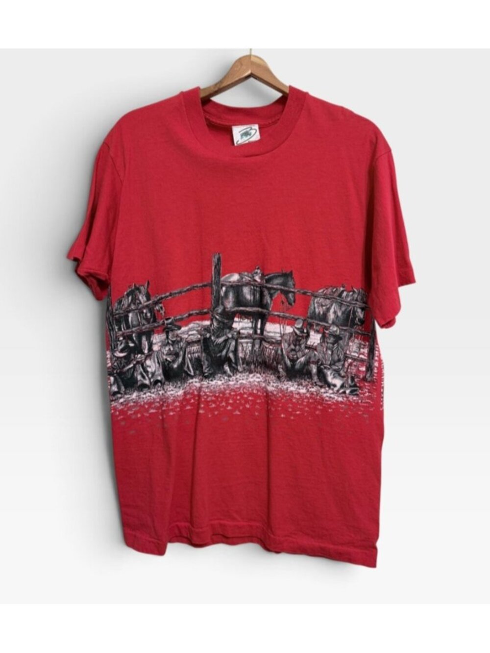 VTG Buffalo Double Sided Graphic Single Stitch Red Tee Cowboy Horse Ranch Size L
